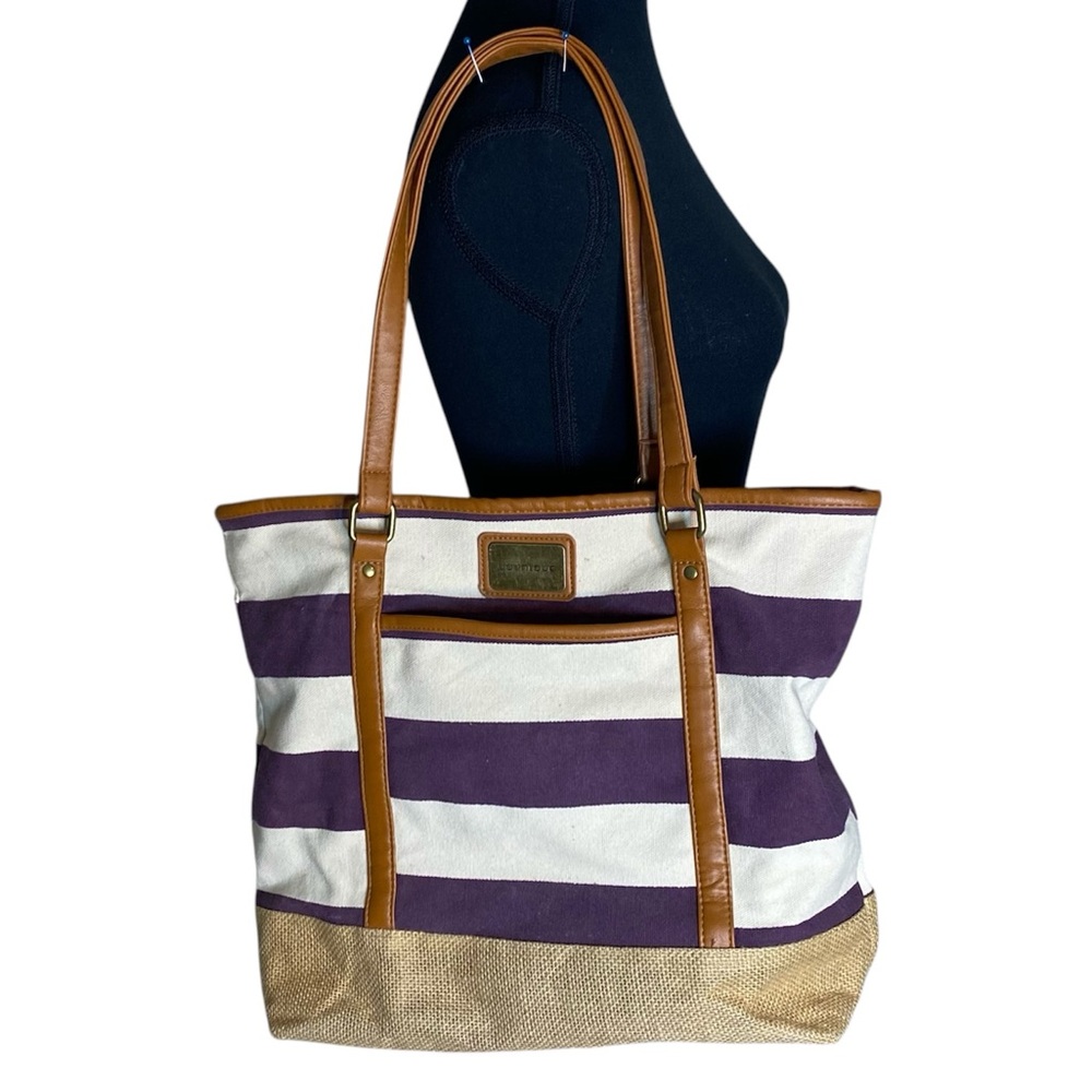 YOUNIQUE Striped Canvas Tote Bag Burlap Tan Accents Purple Cream Beach Bag